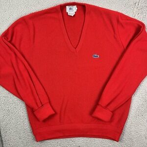 VINTAGE Izod Lacoste‎ Sweater Red Knit Grandpa 90s USA Pullover V Neck Men's L